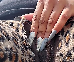 Ebony BBW Playing with Pussy outside trying not to get Caught